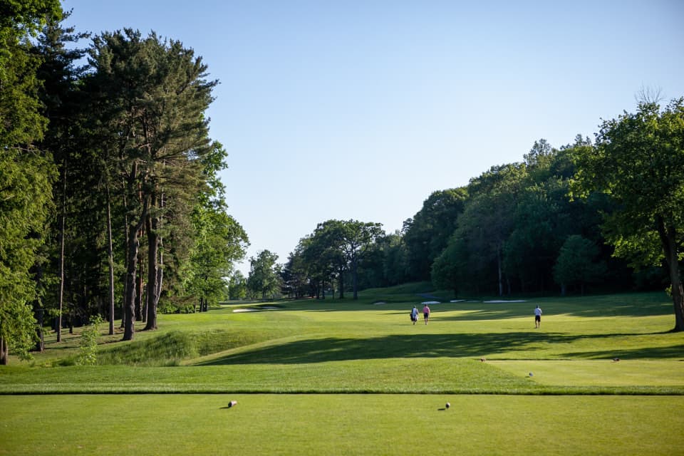 Players walking up a tree-lined fairway